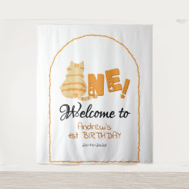Cute Fat Orange Cat 1st Birthday Backdrop Wandteppich
