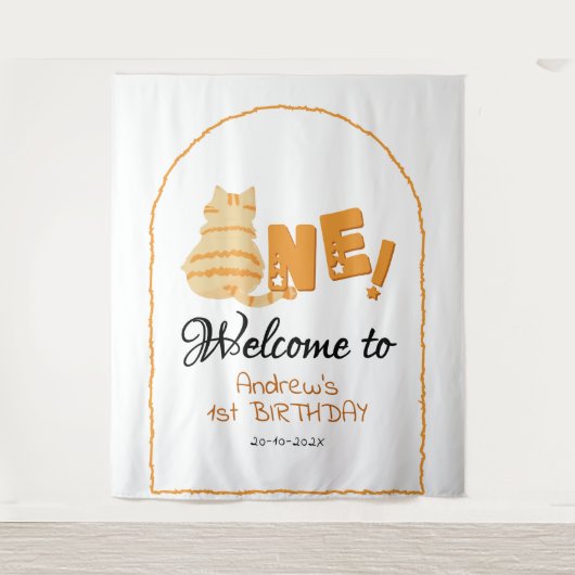 Cute Fat Orange Cat 1st Birthday Backdrop Wandteppich (Vorderseite)