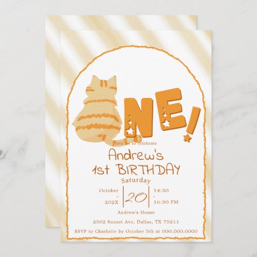 Cute Fat Orange Cat 1st Birthday Einladung (Vorne/Hinten)