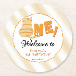 Cute Fat Orange Cat 1st Birthday Runder Pappuntersetzer