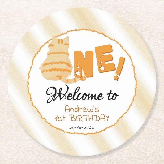 Cute Fat Orange Cat 1st Birthday Runder Pappuntersetzer (Vorderseite)