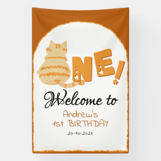 Cute Fat Orange Cat 1st Birthday Welcome Banner (Vertikal)