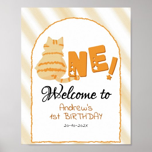 Cute Fat Orange Cat 1st Birthday Welcome Sign Poster (Vorne)