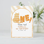 Cute Fat Orange Cat Stripes 1st Birthday Dankeskarte (Stehend Vorderseite)