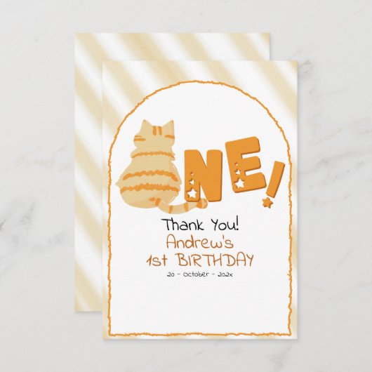 Cute Fat Orange Cat Stripes 1st Birthday Dankeskarte (Vorne/Hinten)