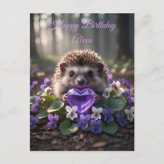Cute February Hedgehog with Amethyst Heart Postkarte (Vorderseite)