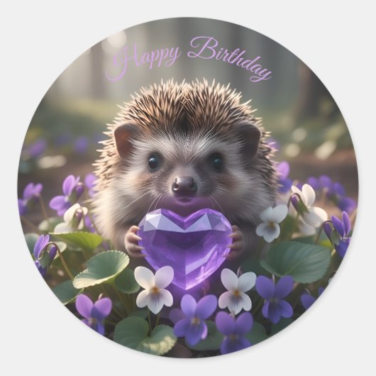 Cute February Hedgehog with Amethyst Heart Runder Aufkleber (Vorderseite)