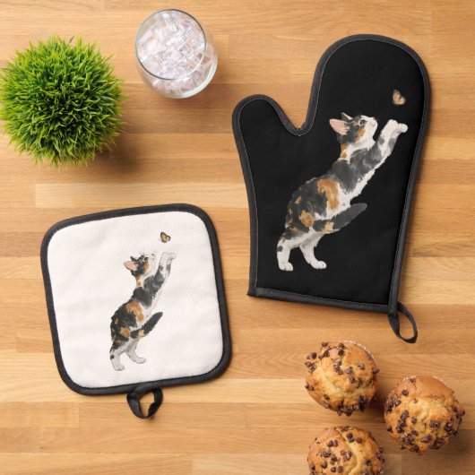 Cute Feline Kitchen Essentials Calico Cat Ofenhandschuh & Topflappen-Set (Oben Unten)