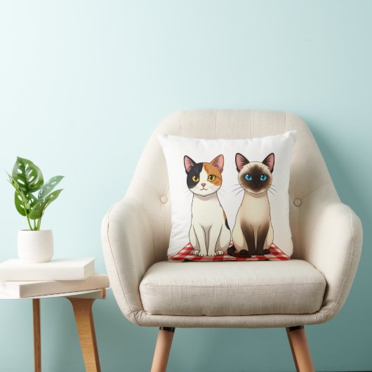 Cute Felines on Red Checkered Blanket Kissen (Stuhl )