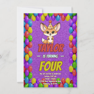 Cute Fennec Fox 4th Birthday Invite Einladung