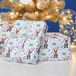 Cute Festive Blue Christmas Reindeer Geschenkpapier