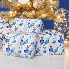 Cute Festive Blue Christmas Reindeer Geschenkpapier