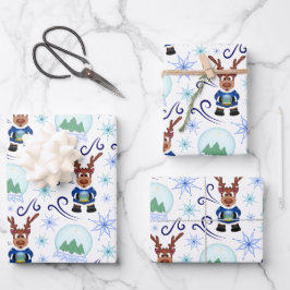 Cute Festive Blue Christmas Reindeer Geschenkpapier Set