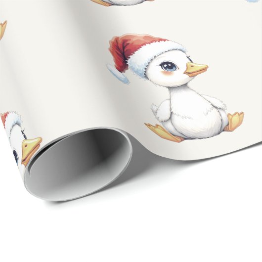 Cute Festive Christmas Goose Duck With Santa Hat Geschenkpapier (Rolleneckpunkt)