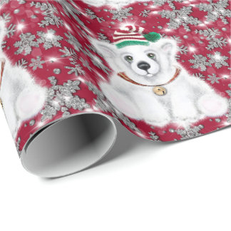 Cute festive holiday Polar bear glitter snowflakes Geschenkpapier