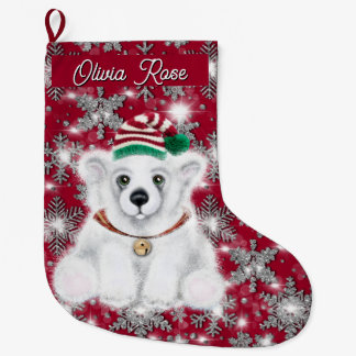 Cute festive holiday Polar bear glitter snowflakes Großer Weihnachtsstrumpf