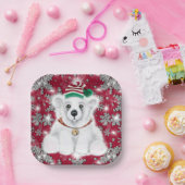 Cute festive holiday Polar bear glitter snowflakes Pappteller (Party)