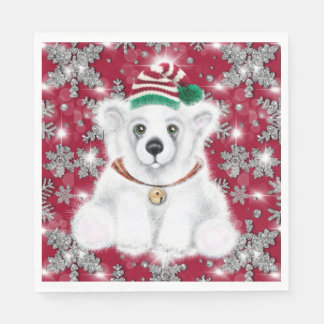 Cute festive holiday Polar bear glitter snowflakes Serviette