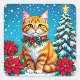 Cute Festive Orange Cat Christmas Quadratischer Aufkleber
