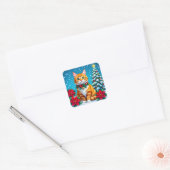Cute Festive Orange Cat Christmas Quadratischer Aufkleber (Umschlag)
