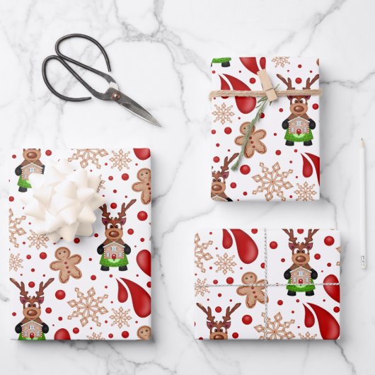 Cute Festive Red Christmas Reindeer Geschenkpapier Set (Vorderseite)