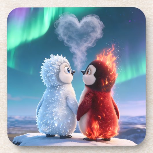 Cute Fire and Ice Penguin Northern Lights Getränkeuntersetzer (Vorderseite)