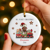 Cute first baby Christmas patchwork bear train Keramik Ornament