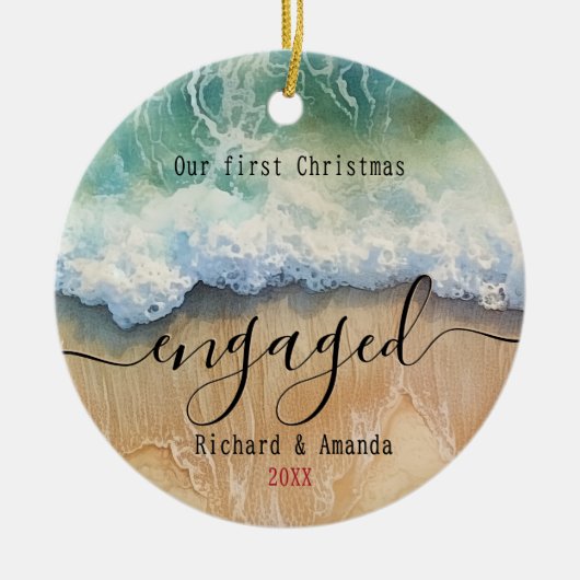Cute first Christmas engaged coastal beach Keramik Ornament (Vorne)