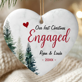 Cute first Christmas engagement red heart trees Keramik Ornament