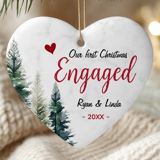 Cute first Christmas engagement red heart trees Keramik Ornament