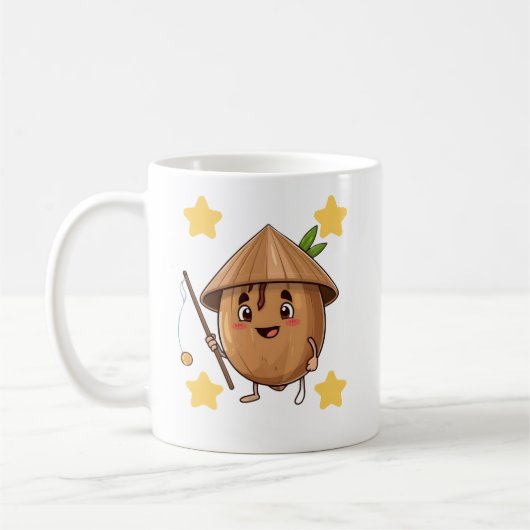Cute Fishing Coconut with Conical Hat Cartoon Mug Kaffeetasse (Links)