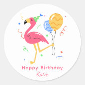 Cute Flamingo Modern Happy Birthday Script Runder Aufkleber (Vorderseite)