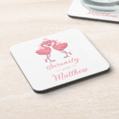 Cute Flamingo Pink Tropical Beach Wedding Getränkeuntersetzer (Linke Seite)