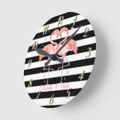 Cute Flamingos In Love ,Black White Stripes Runde Wanduhr (Winkel)