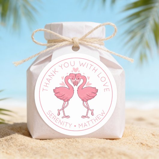 Cute Flamingos Tropical Beach Wedding Thank You Runder Aufkleber