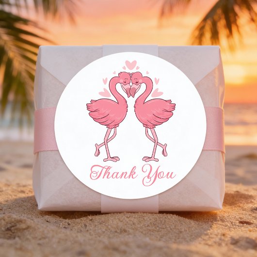 Cute Flamingos Tropical Beach Wedding Thank You Runder Aufkleber