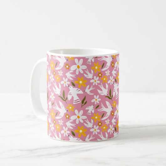 Cute Floral Bird Seamless Pattern Kaffeetasse (Vorderseite Links)