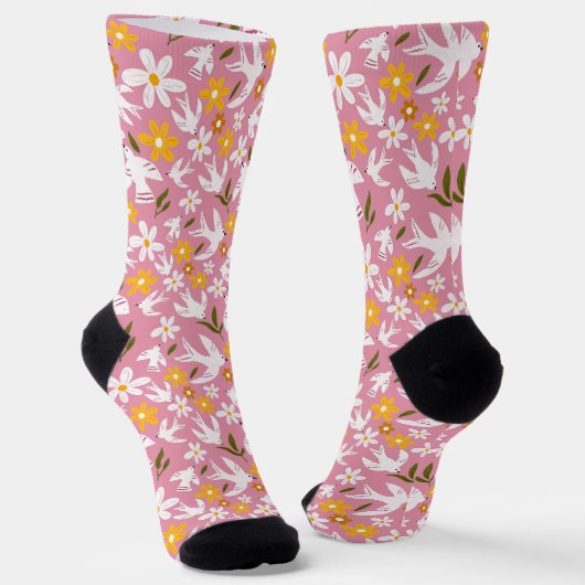 Cute Floral Bird Seamless Pattern Socken (Gewinkelt)