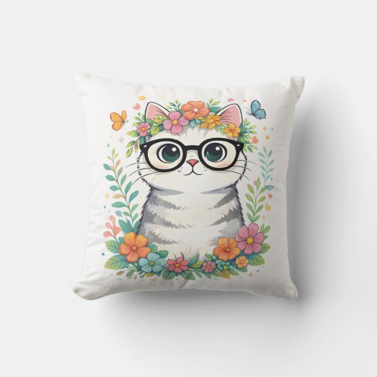 Cute Floral Cat with Glasses Kissen (Vorderseite)