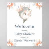 Cute Floral Dolphin Baby Shower Welcome Poster (Vorne)