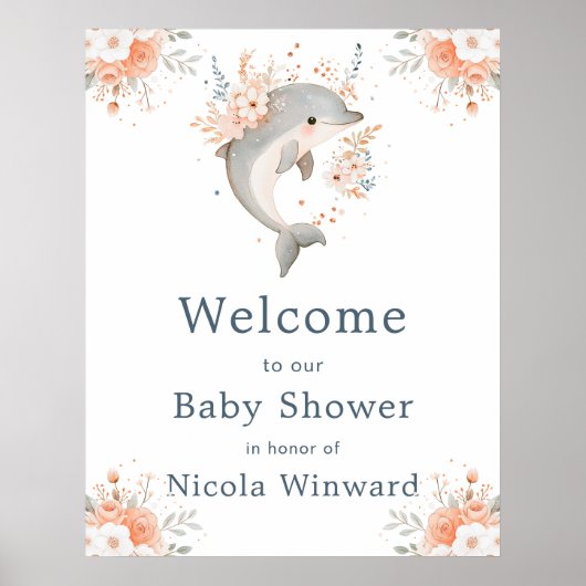 Cute Floral Dolphin Baby Shower Welcome Poster (Vorne)
