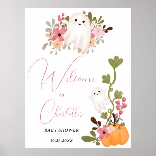 Cute floral ghost pumpkin welcome baby shower poster (Vorne)