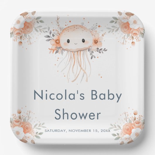 Cute Floral Jellyfish Baby Shower  Pappteller (Vorderseite)