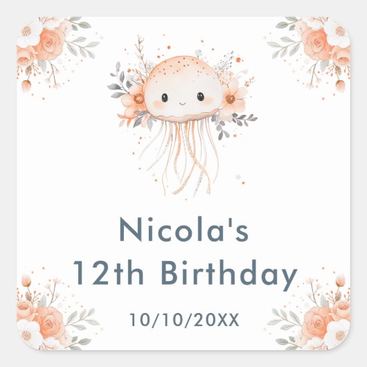 Cute Floral Jellyfish Birthday Party Quadratischer Aufkleber (Vorderseite)