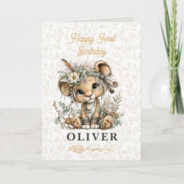 Cute floral lion Happy 1st Birthday Greeting Card Karte