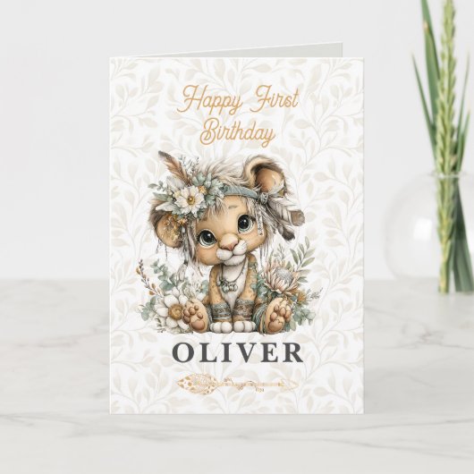 Cute floral lion Happy 1st Birthday Greeting Card Karte (Vorderseite)