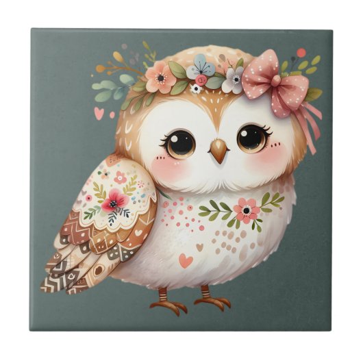 Cute Floral Owl with Bow Fliese (Vorderseite)