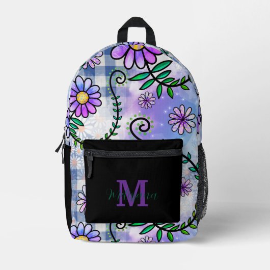 Cute Floral Pattern Monogram Name Bedruckter Rucksack (Vorderseite)