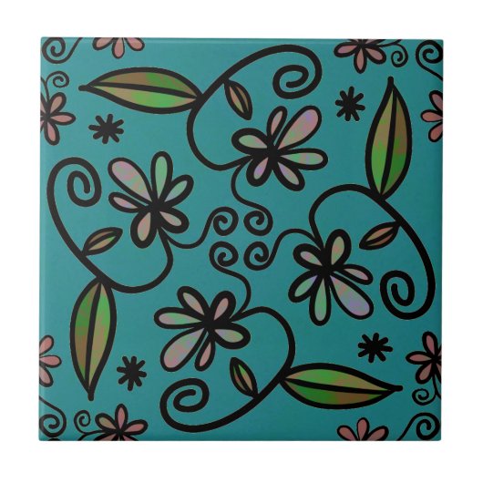 Cute Floral Pattern Teal Fliese (Vorderseite)