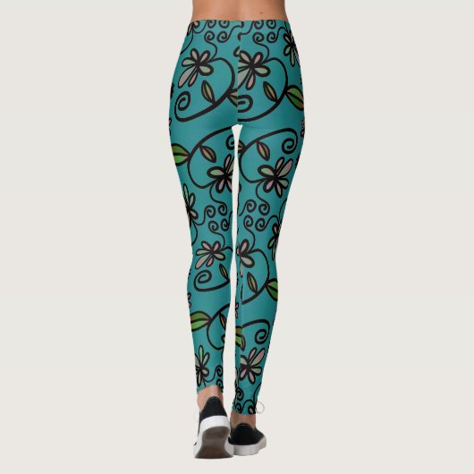 Cute Floral Pattern Teal Leggings (Rückseite)